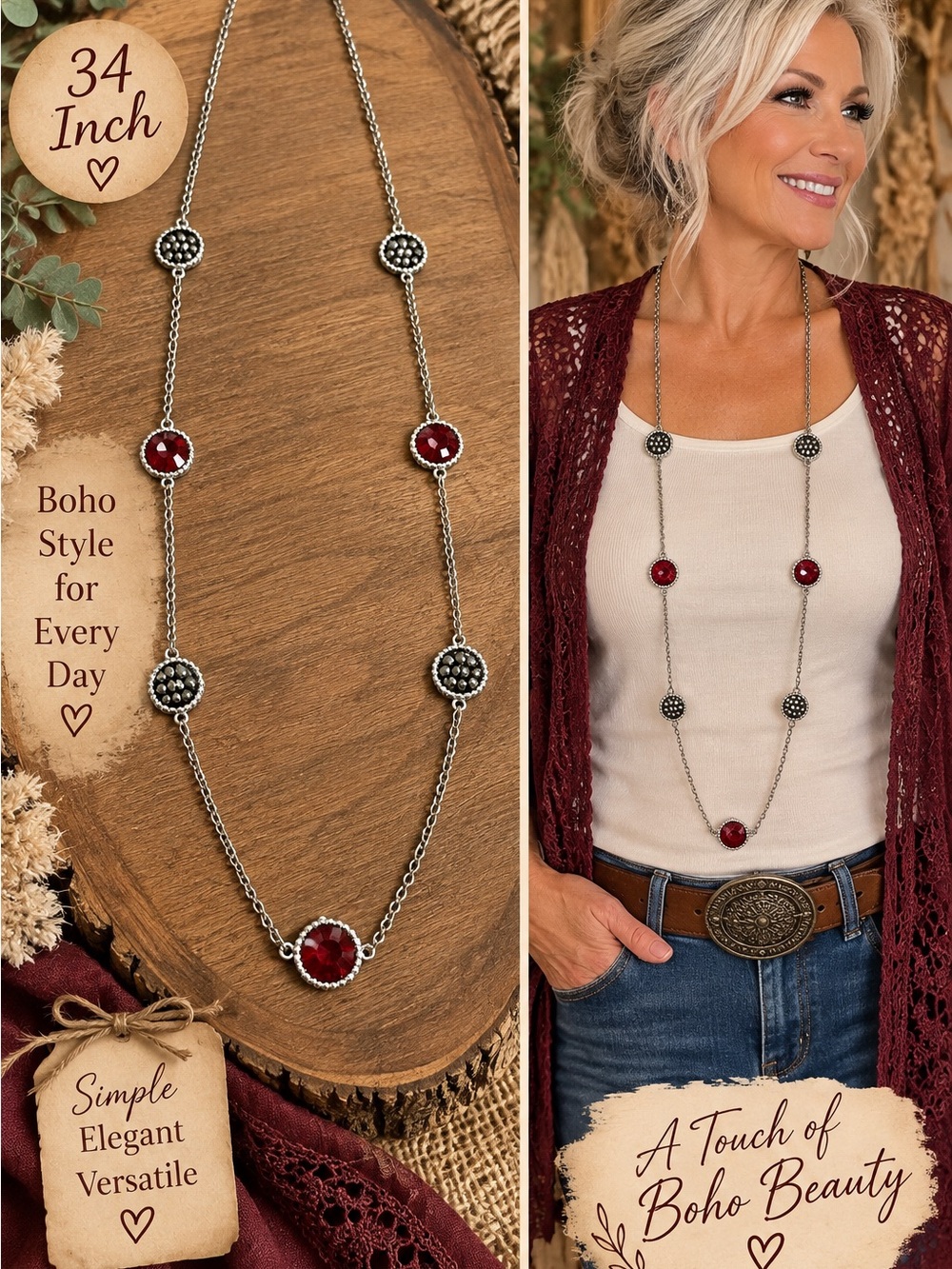 726 Boho Long Red Stone Necklace with Silver Accents